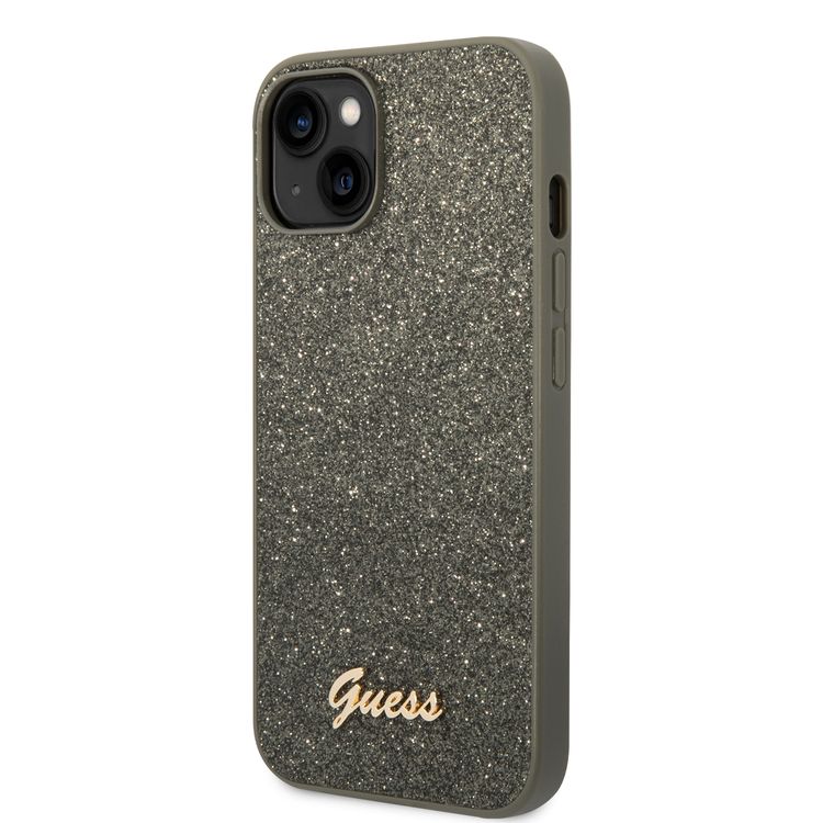Guess PC/TPU Glitter Flakes Case with Script Metal Logo iPhone 14 Compatibility - Green
