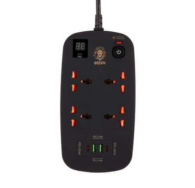 Green Lion Multiport Smart Power Socket, 4 AC Sockets, 2 USB-A & 2 USB-C Ports, 1-24 Hours Timer Function, Over Voltage, Over Current & Over Heat Protection, Power Surge Protection - Black