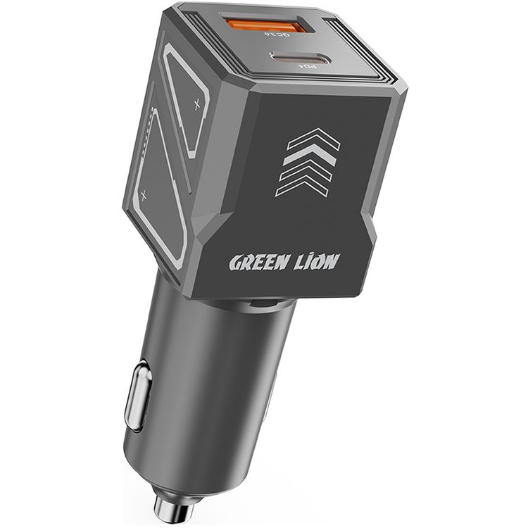 Green Lion Dual Volt Car Charger with Type-C to Lightning Cable, PD 30W, QC 30W, USB-A & USB-C Ports, 60W Total Output, Heat Dissipation, Charging Protection - Gray