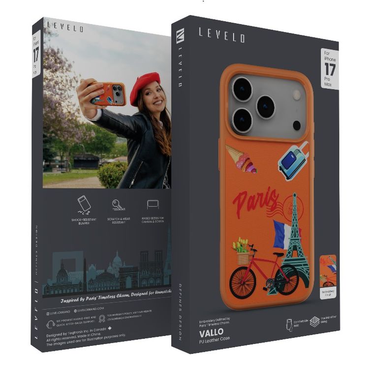 Levelo Vallo PU Leather Case for iPhone 17 Pro Max with Embroidery Paris Finish, Comfortable Hold, Durable PU Leather, Raised Bezels for Camera and Screen, True Microfiber Interior Lining, Scratch & Wear Resistant, Shock-Resistant Bumper - Sunrise Orange