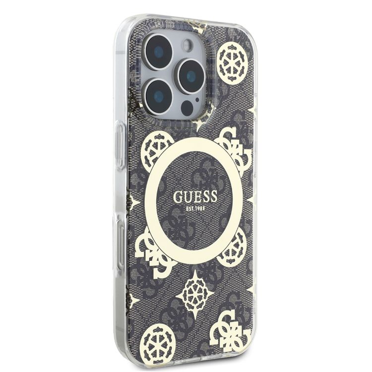 Guess Magsafe IML 4G Design Hard Case with Peony for iPhone 16 Pro, High Quality Material, Lightweight, Comfortable and Secure Grip - Brown