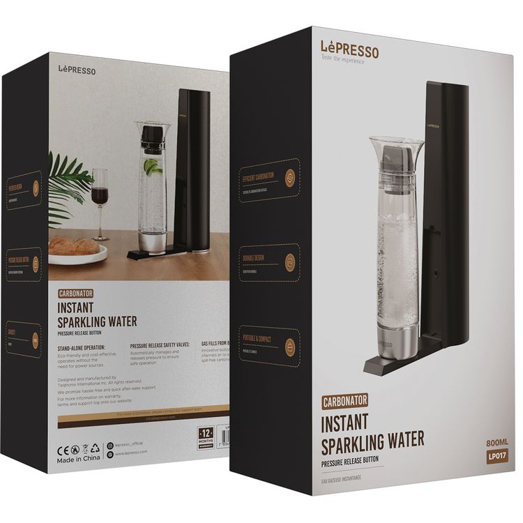 LePresso Carbonator Instant Sparkling Water with Efficient Carbonator, Pressure Release Safety Valves, Stand-Alone Operation, Gas Fills From Bottom, Portable & Compact, Patented & Durable Design - Black