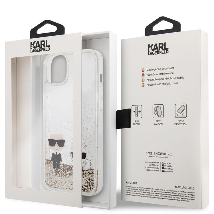 Karl Lagerfeld Liquid Glitter Silicone Case Karl and Choupette Protector iPhone 14 Plus Compatibility - Gold