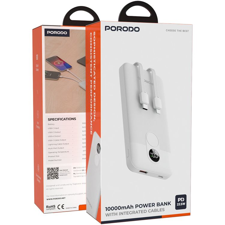 Porodo 10000mAh Power Bank with Built-in Type-C & Lightning Cables, 22.5W Power Delivery, Simultaneous Charging, 0%-60% Charge in 35 Minutes, Digital Display - White