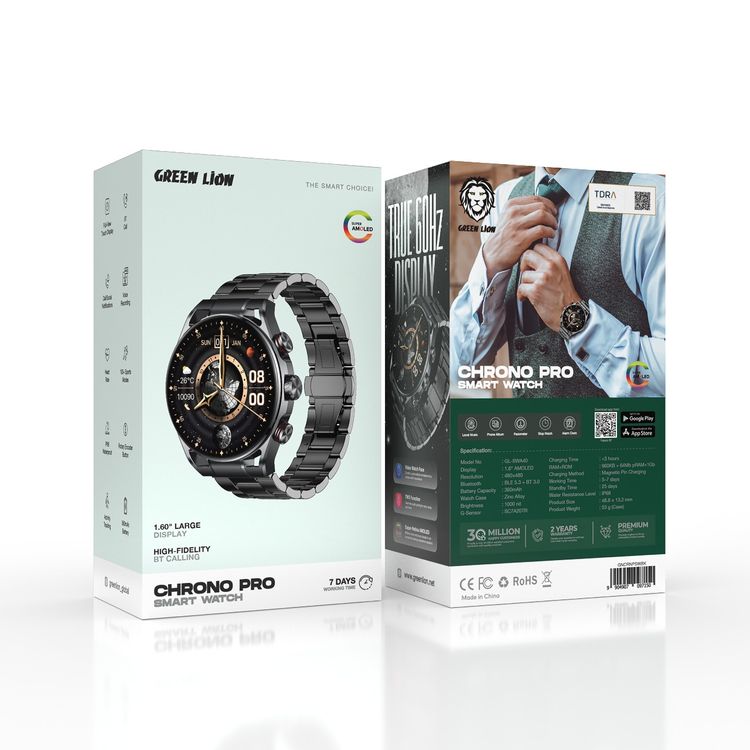 ساعة جرين ليون كرونو برو الذكية بشاشة AMOLED بحجم 1.6 بوصة، بطارية بسعة 360 مللي أمبير، حتى 7 أيام وقت العمل، سطوع بمقدار 1000 نيت، تتبع النشاط، مراقبة الصحة، ساعة توقيت ومنبه - اللون الأسود.