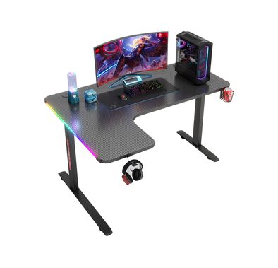 Porodo Gaming Xcommand Carbon Fiber Material Gaming Table with Headphone Mount, Large Surface, Carbon Fiber, Heat Resistant, Water Resistant, Remote Control,  Patented Design, Textured Chipboard,  Cup Holder, RGB Panel - Black