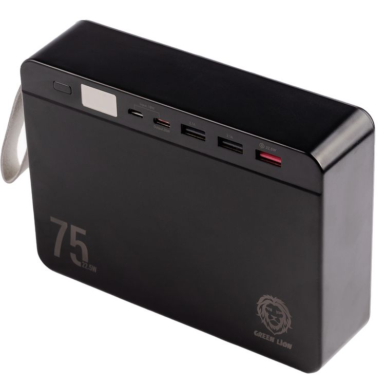 Green Lion Power Volt Mega Capacity Power Bank, 75000mAh, PD 20W, QC3.0 22.5W, 4 Output Ports, Type C & Micro input Ports, Lithium ion Polymer Battery, Digital Display - Black