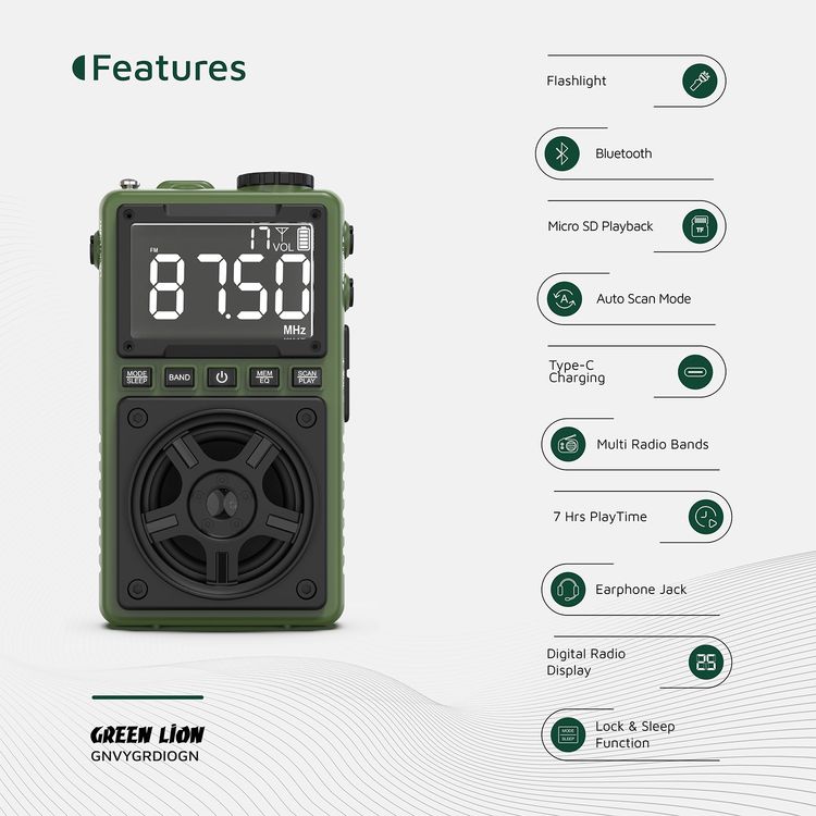 Green Lion Voyager Portable Radio with Bluetooth Speaker, 1.2W Flashlight, 6-7 Hours Playtime, 8-10m Transmission Range, Auto-Scan Mode, Lock & Sleep Function, 1.5 Hours Charging Time - Green