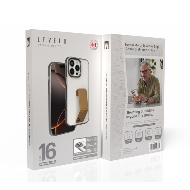 Levelo Morphix Clara Case for iPhone 16 Pro, Hybrid Material, Impact-Resistant Corners, Built-in Leather Grip, Metal Camera Ring - Rose Gold Titanium