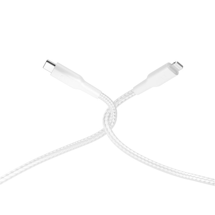 كابل شحن باورولوجي مضفر من USB-C إلى Lightning مع الشحن السريع ونقل البيانات، بقدرة توصيل طاقة 60 واط، وتوافق عالمي، بطول كابل 1.2 متر - أبيض