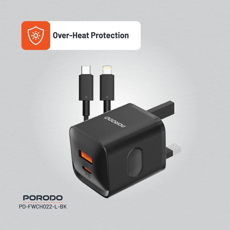 Porodo PD+QC 20W Wall Charger with Type-C to Lightning Cable, Dual Port, 1.2m Cable Length, UK Plug, Simultaneous Charging, Over-Heat Protection - Black 