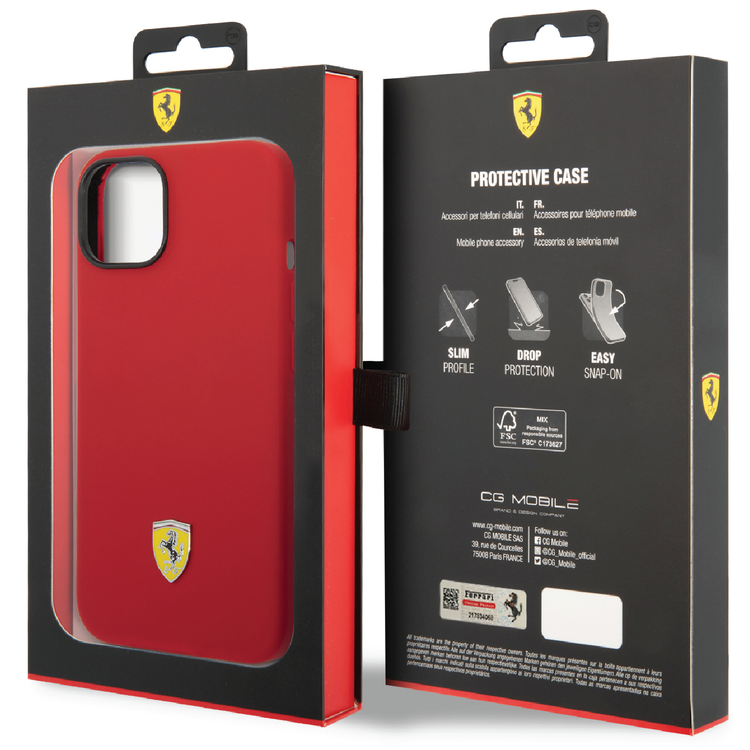 Ferrari Liquid Silicone Case with Black Camera Outline & Metal Logo iPhone 14 Compatibility - Red