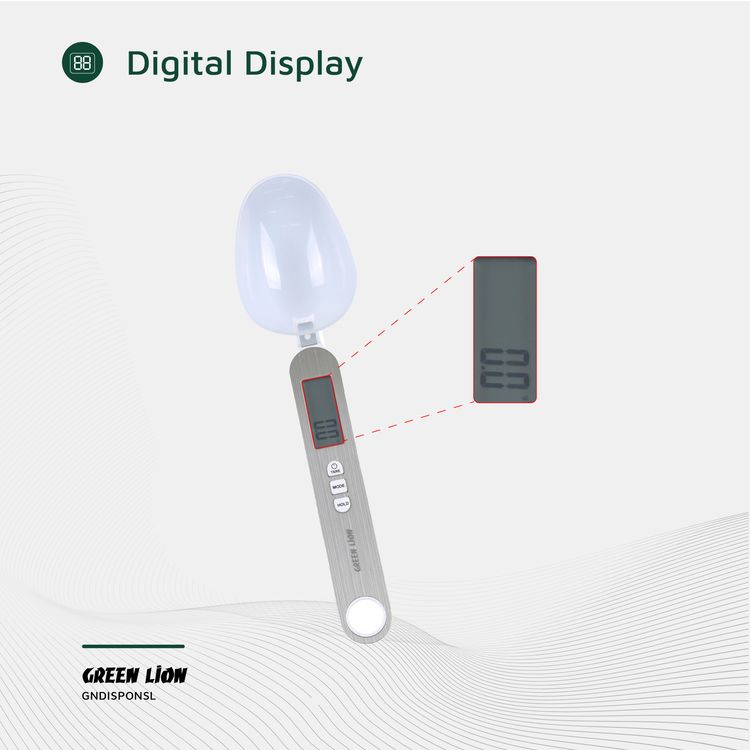 Green Lion Digital Spoon Scale with Digital Display, Tare Function, Overload Indicator, Low Battery Indicator, Extra Spoon Included, Stainless Steel + ABS Material - Silver 