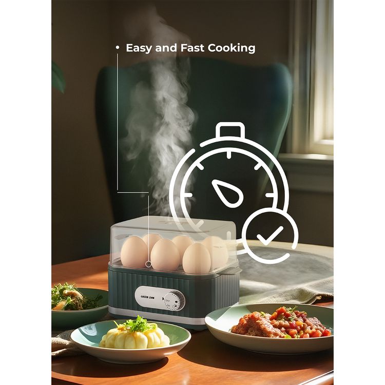 Green Lion Smart Egg Cooker with 1-6 Eggs Capacity, Jog Dial Control, 3-Level Cooking Mode, 400W Rated Power, Portable & Compact Design, Easy & Fast Cooking - Green