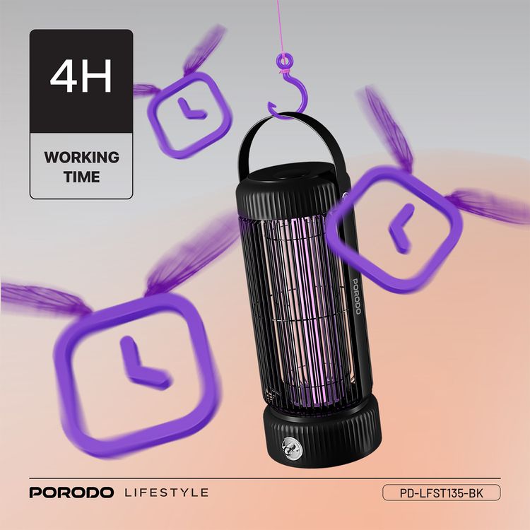 Porodo Lifestyle Portable Mosquito Zapper with Built-in UV LED Lamp, Up to 4 Hours Working Time, 2000mAh Battery Capacity, Efficient & Non-Toxic, 4.5W Rated Power - Black