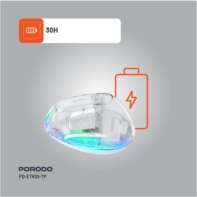 Porodo Vertical 4800 DPI Wireless Mouse with Crystal Shell, Magnetic Cover, Adjustable DPI, Dual Mode, Plug & Play, Type-C Charging Interface - White