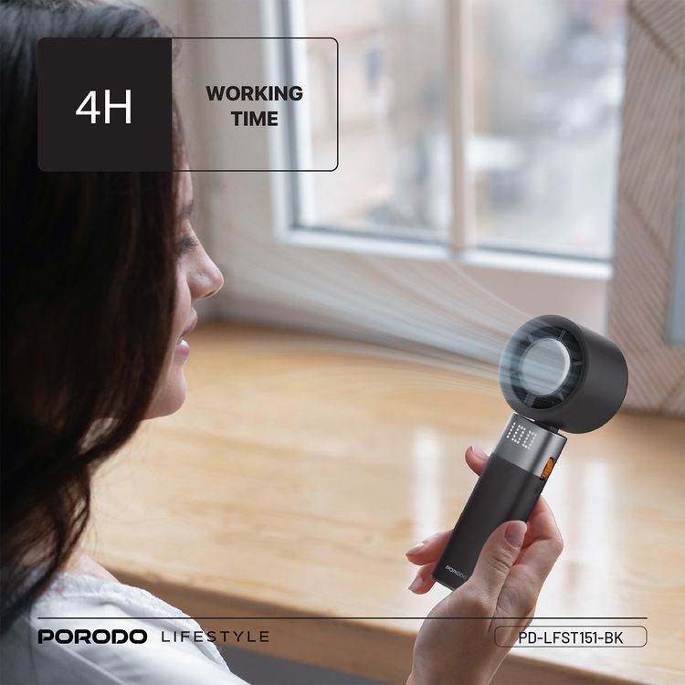 Porodo Lifestyle Handheld Turbo Fan with 100-Level Wind Speed Adjustment, Up to 4 Hours of Working Time, 13000RPM Operating Speed, Integrated Flashlight, 90° Folding Design - Black