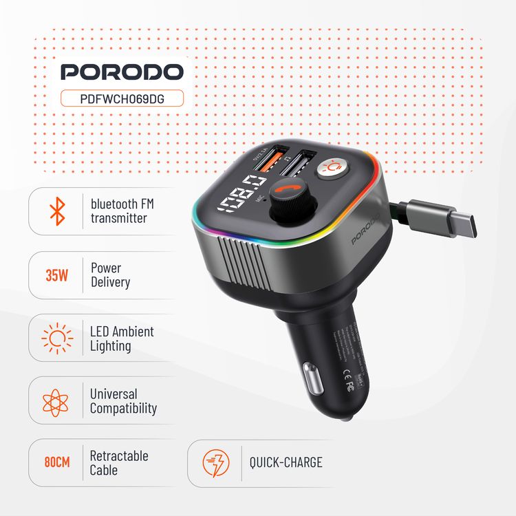 Porodo Audio Boost Bluetooth FM Transmitter Quick-Charge Car Charger with 65W PD, USB-A & USB-C Outputs, USB Flash, 80cm Retractable Type-C Cable, 87.5-107.8 FM Frequency, LED Ambient Lighting, Universal Compatibility - Dark Gray