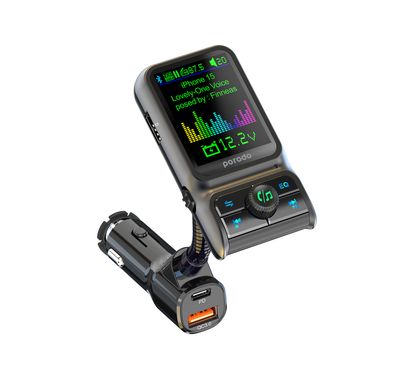 Porodo Dual Port Car Charger with 1.77" Color Display, PD 36W, Up to 32GB USB Flash Drive, Built-in Microphone, FM, TM, TF Card Reader, 10 Meters Bluetooth Range - Black