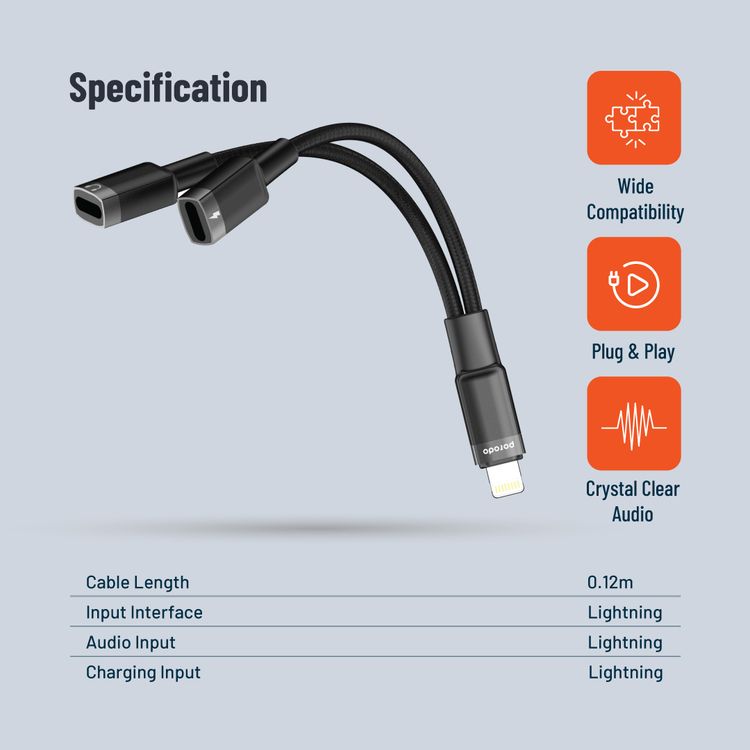 Porodo Lightning Connector Audio And Charge Adapter - Black - 12 cm