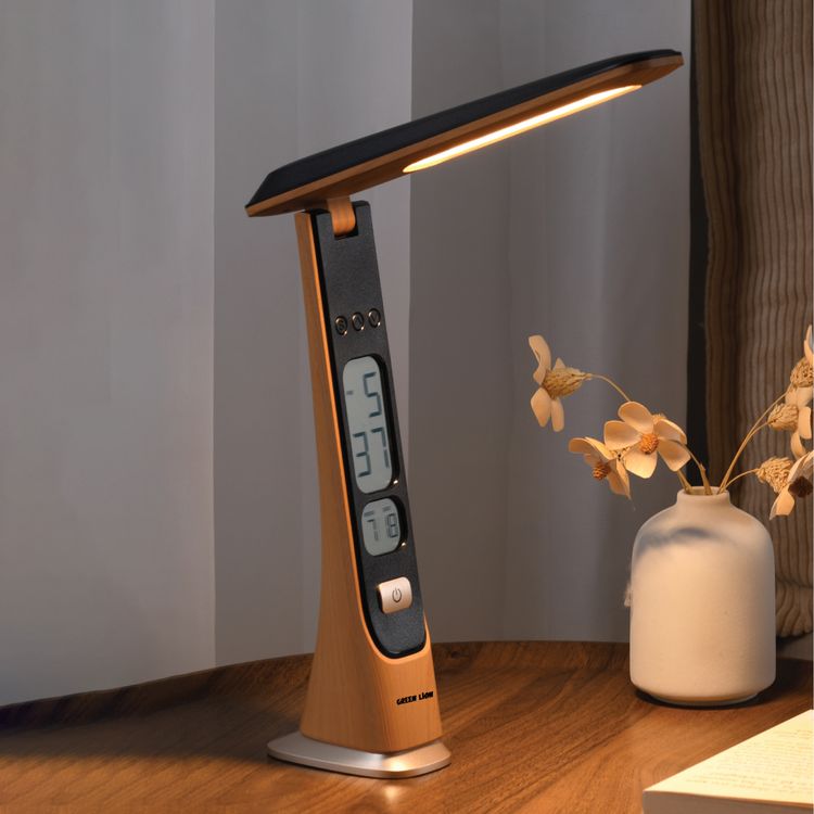 Green Lion LED Table Lamp with ABS Material, 1800mAh Battery Capacity, Cold-Natural-Warm Light Modes, 3.5 Hours Working Time, Adjustable Brightness & Angle, Digital Time & Date - Wooden