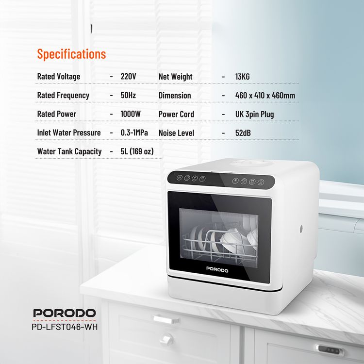 Porodo Lifestyle Counter-Top Dishwasher 220V, 5L Water Tank Capacity, 25L Space Capacity, Hot Air Drying, Hygienic Cleaning Power, UV Sterilization - White
