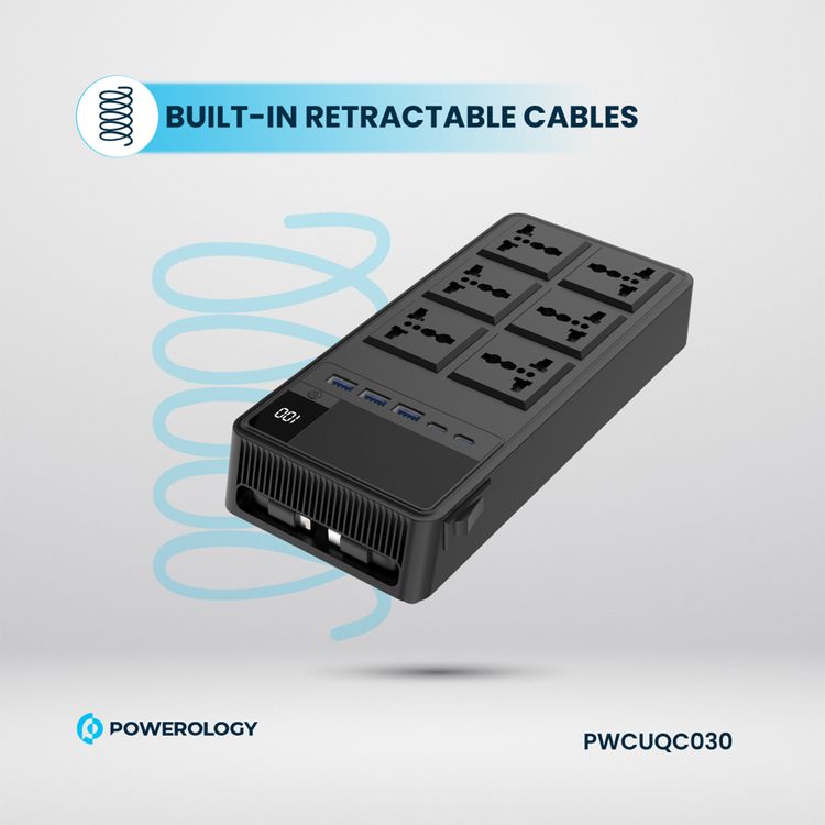 Powerology 2500W Power Strip with 6 AC Sockets & Built-in Retractable Cables, 5 USB Ports, USB-C & Lightning Outputs, Built-in Safeguards, Fire-Proof Material, 24H Timer, Simultaneous Charging, 70cm Cables Length & 3m Power Cord Length - Black