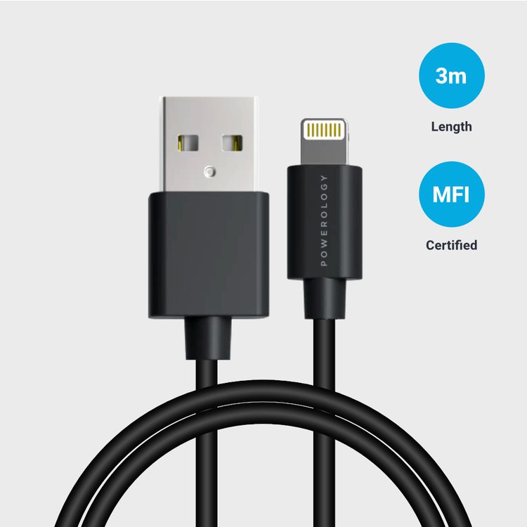 Powerology USB-A to Lightning Cable 3M Fast Charging  Data Sync - Black