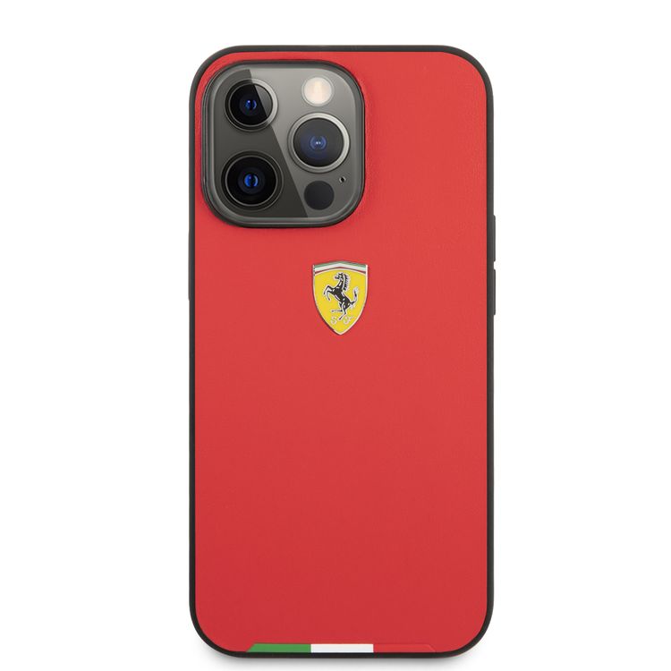 Ferrari Hard Case PU Smooth & Italian Flag Line Metal Logo For iPhone 13 Pro (6.1") - Red