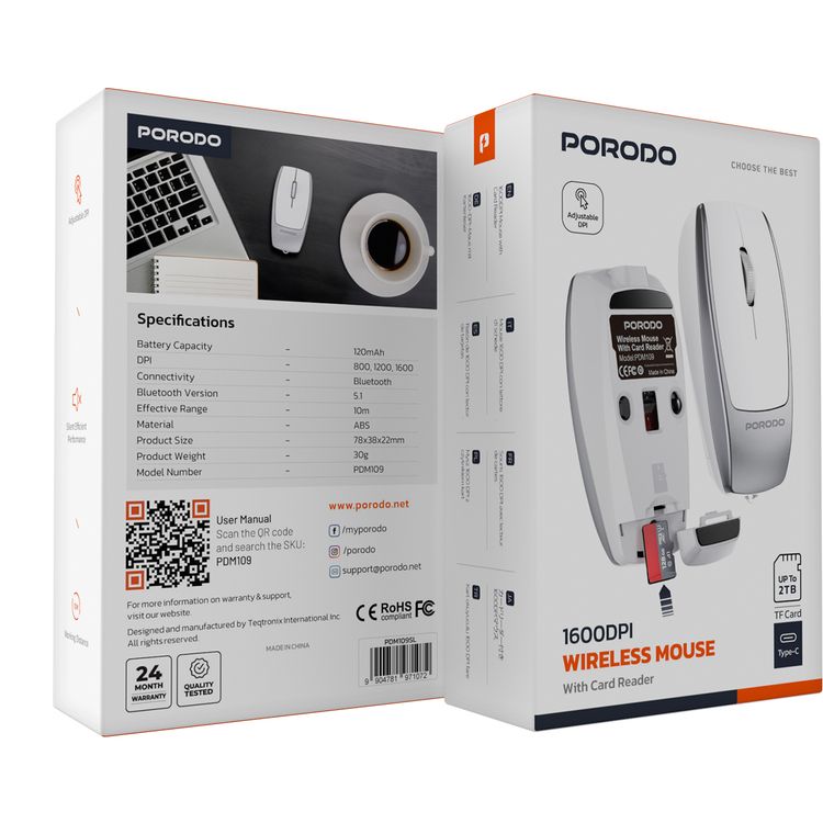 Porodo 1600DPI Wireless Mouse with Card Reader, 120mAh Battery, ABS Material, Bluetooth Version 5.1, 10m Working Distance, Silent Efficient Performance, Plug & Play - Silver