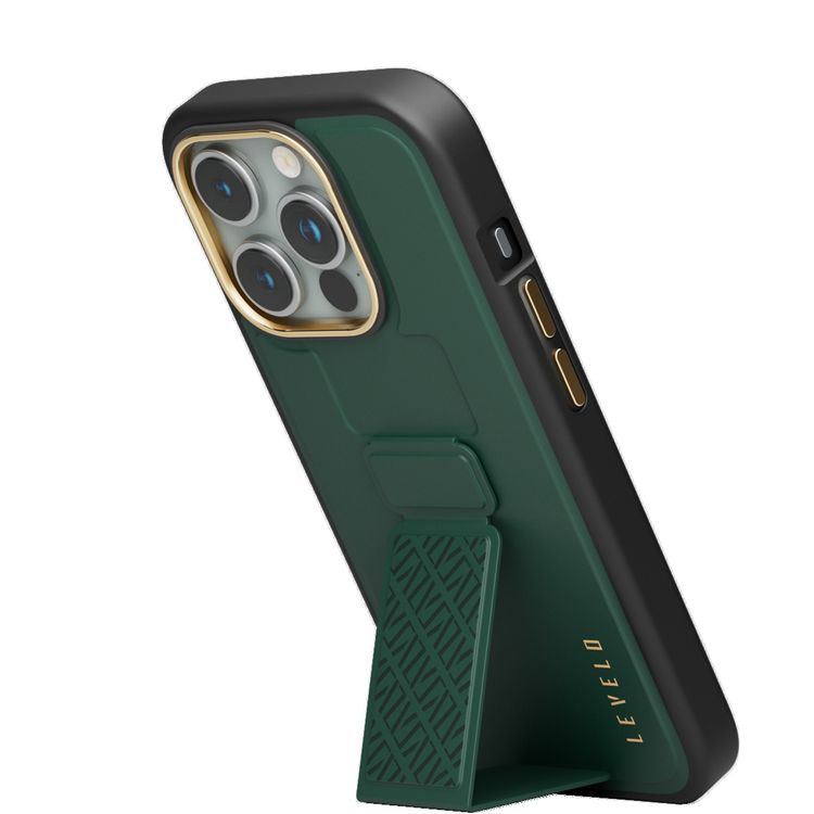 Levelo Morphix Cuero Gripstand Case for iPhone 15 Pro, Multi-Positioning Modes, PU Leather Material, Shock-Proof Edges - Green