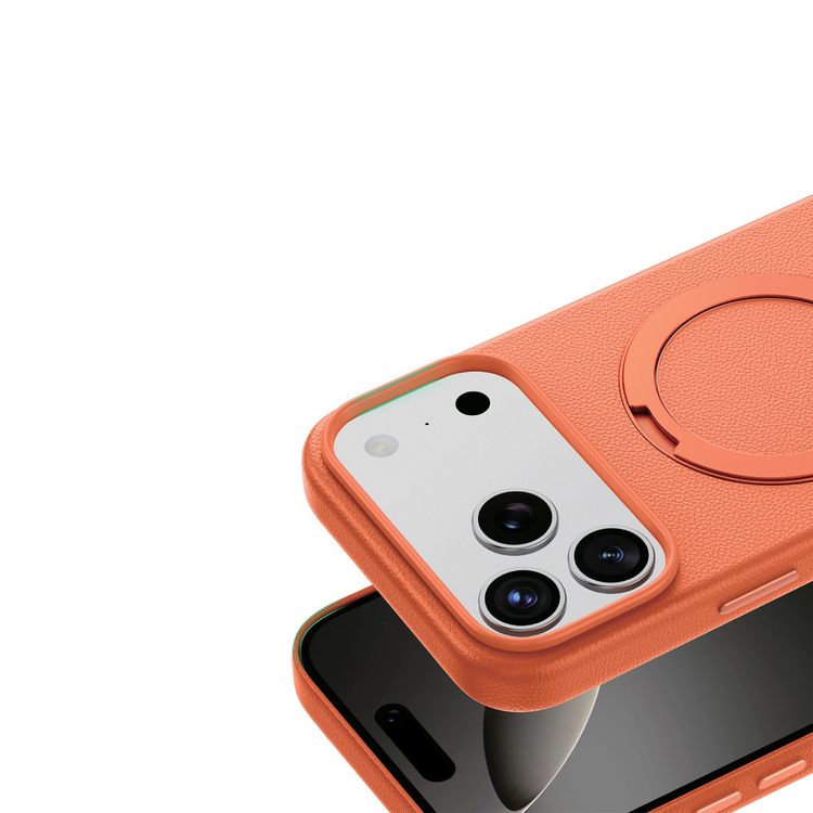Green Lion Minster Leather MagSafe Case with Foldable Stand Design for iPhone 17 Pro, Anti-Fingerprint, 360° Rotatable Stand, Anti-Scratch, Camera Protection, Comfortable Grip - Orange