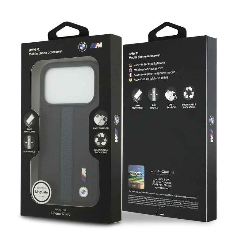 BMW PU Leather Case with Perforated Stripes & Metal Logos for iPhone 17 Pro, MagSafe Compatible, Sustainable Packaging, Drop Protection, Slim Profile, Easy Snap-On Design - Black / Blue