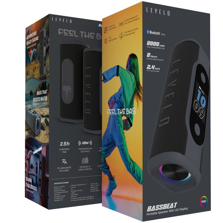Levelo BassBeat Portable Speaker with 2.4" Touch Display, Up to 12 Hours Play Time, Bluetooth Version 5.4, 8000mAh Battery, Alarm, Clock & Calendar Functions, Water & Dust Resistant, Built-in FM Radio - Black