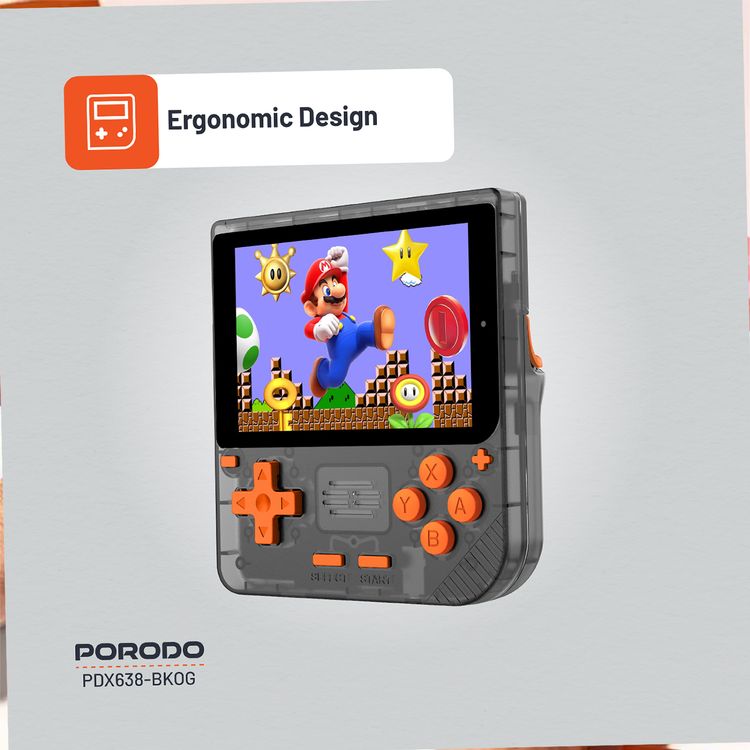 وحدة تحكم ألعاب Porodo Gaming Retro Arcade، محاكي ثلاثي الأبعاد، تصميم مريح، تشغيل صوتي غامر، شاشة IPS مقاس 3.5 بوصة، عمر بطارية 6 ساعات، بطارية 3000 مللي أمبير في الساعة - أسود / برتقالي 