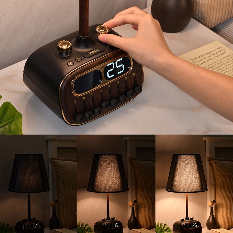 Porodo Retro Desk Lamp White-Noise & BT Speaker, Alarm and Snooze Function, Screen Display, 3 Brightness Levels (Low, Medium, High), Charging Ability, 8 Nature Sounds, USB-A Charging Port - Black 