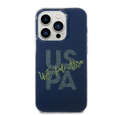 U.S. Polo Glitter Script Card Case iPhone 14 Pro Max - Navy Blue