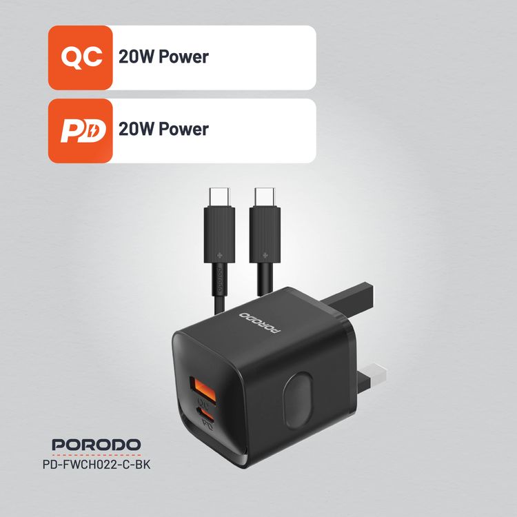 شاحن حائط ثنائي المنفذ من Porodo في المملكة المتحدة مع كابل USB-C إلى USB-C، PD 20 وات، QC 20 وات، حماية من الحرارة الزائدة، طول الكابل 1.2