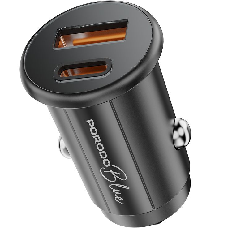 Porodo Blue Dual Port 30W Car Charger with Type-C to Type-C Cable, USB-C & USB-A Ports, 15W Shared Output, Polycarbonate Material - Black