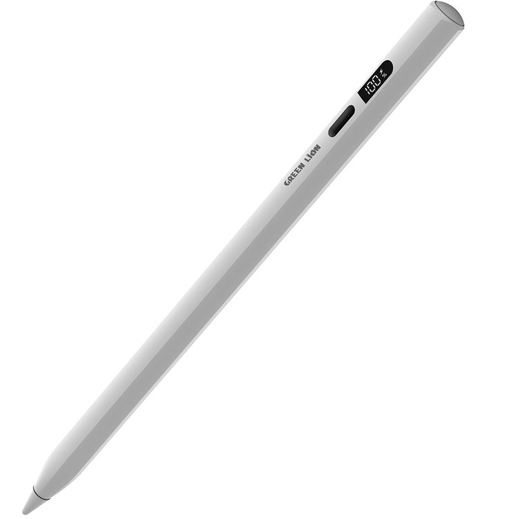 Green Lion Digital Stylus Pencil with Up to 15 Hours Working Time, Removeable & Replaceable Tip, 1.7mm Nib Diameter, OLED Screen Display, Auto-Sleep Mode, Palm Rejection - White