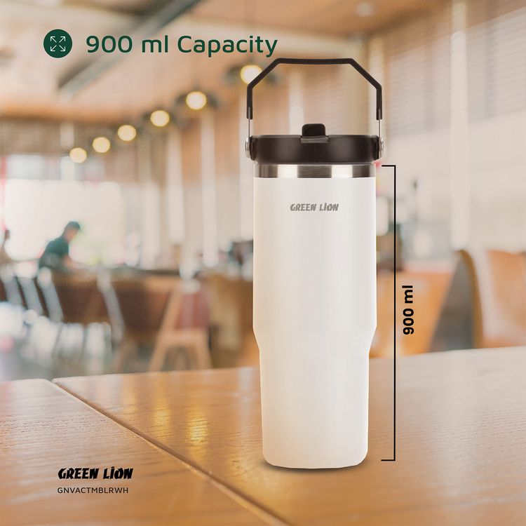 Green Lion Vacuum Tumbler with 900mL Capacity, Stainless Steel Material, Double-Wall Vacuum Insulation, Flip Straw Lid, Portable Handle, Food-Grade Material - White