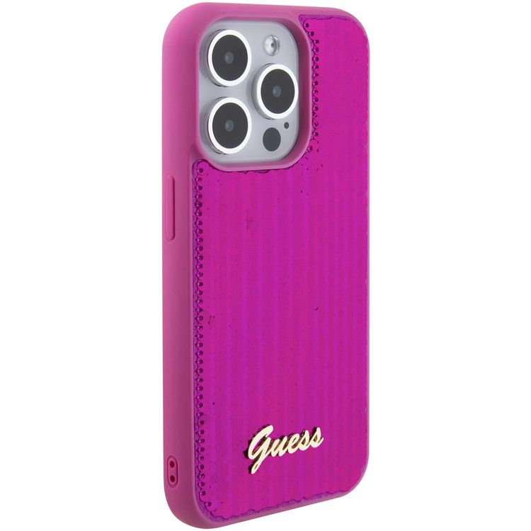 حافظة Guess Sequin Script مع شعار Guess Metal - فوشيا - iPhone 15 Pro