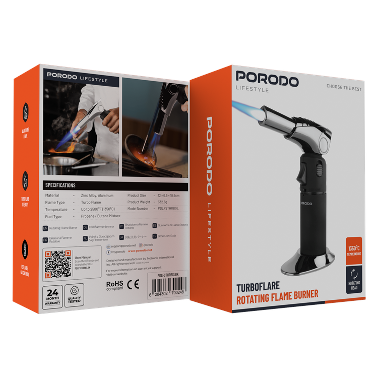 Porodo Lifestyle TurboFlair Rotating Flame Burner with Adjustable Flame, Up to 1350°C Temperature, Propane & Butane Mixture Fuel Type, Refillable Gas Cartridge - Black