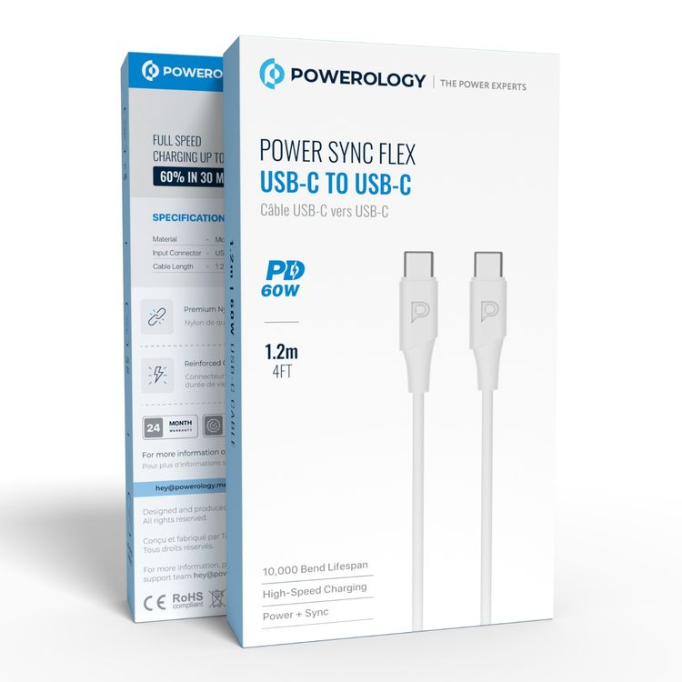 كيبل باورولوجي باور سينك فليكس من USB-C إلى USB-C بطول 1.2 متر، مع عمر افتراضي يصل إلى 10000 انحناءة، وشحن سريع ونقل بيانات، مصنوع من مادة TPE المقولبة، وسرعة نقل بيانات تصل إلى 480 ميجابت في الثانية، وتوصيل الطاقة بقوة 60 واط - أبيض.