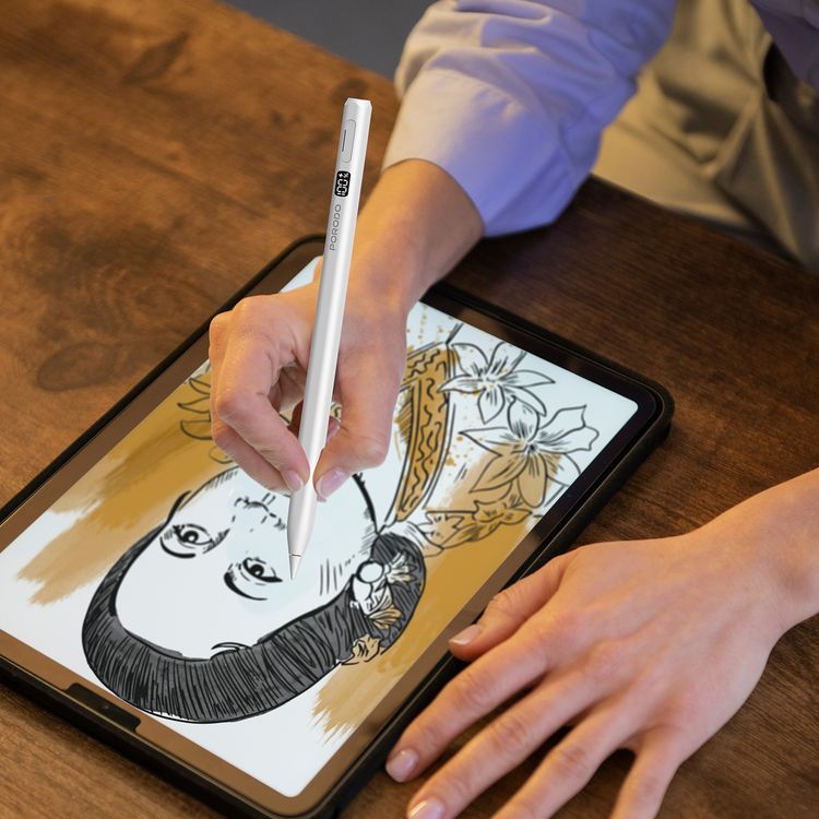 قلم Porodo Magnetic Active Stylus لأجهزة iPad موديلات 2018-2025، بسعة بطارية 100mAh، مدة تشغيل مستمرة تصل إلى 12 ساعة، طرق شحن سلكية Type-C ولاسلكية مغناطيسية - أبيض