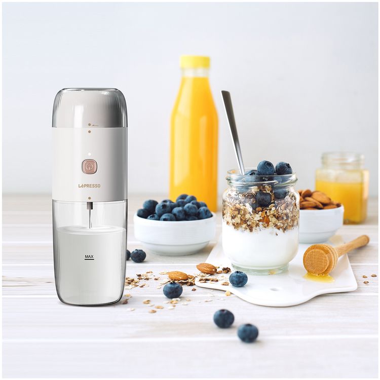 LePresso 2-in-1 Portable Milk Frother and Grinder with 19000rpm Blade Speed, 45W Power, Stainless Steel, 10-40g Bean Container, 1500mAh Battery - White