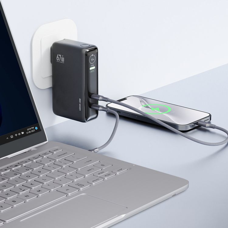 Green Lion ENERGIX 10000mAh Power Bank and PD 67W Charger with Flight Aprroved, Simultaneous Charging, Wide Compatibility, Multiple Protection, Dual USB-C Ports, Laptop Compatible, Adaptive Charging for All Devices, ABS + PC Material, Real-Time TFT Display, Reliable Power Maximum Protection - Blach