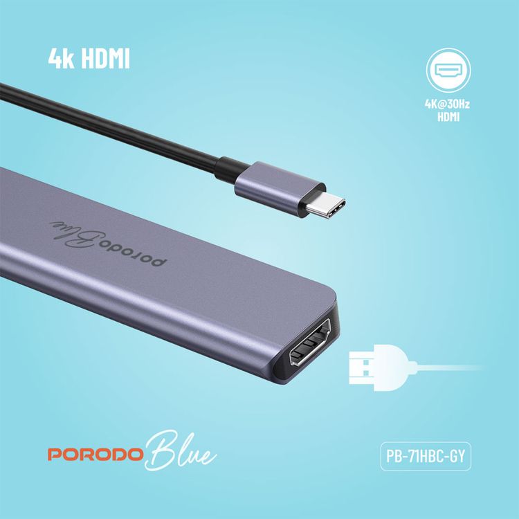 Porodo Blue 7 Ports USB-C HUB 4K HDMI & Dual USB-C, 100W PD, Card Reader, Plug and Play, Hot Swappable, Windows/Mac OS/Android - Gray