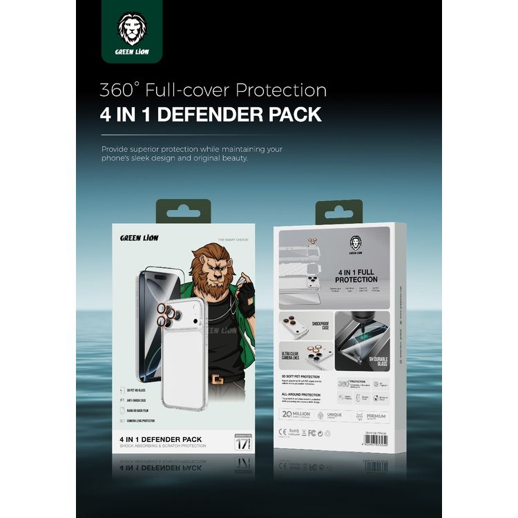 Green Lion 4-in-1 Defender Pack for iPhone 17 Pro Max, Anti-Shock Case, Anti-Fingerprint Camera Lens, Anti-Broken Edges Glass, 360° Comprehensive Protection Case, Anti-Yellowing Case, Anti-Scratch Camera Lens, HD Clarity Glass, Full Protection, High Quality - Clear