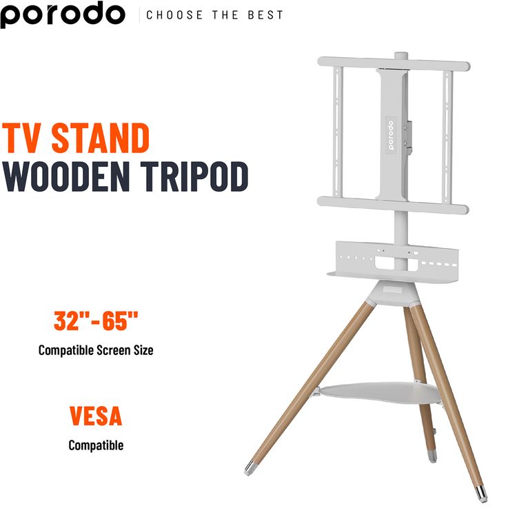 Porodo Wooden Tripod TV Stand with 35kgs Maximum Weight Capacity, 32"-65" Screen Compatibility, Media Device Storage, VESA Compatibility - White